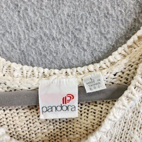 Vintage Sweater Womens L Cream Floral Crochet Open Knit 80s Skating Rink Prop - Picture 8 of 14